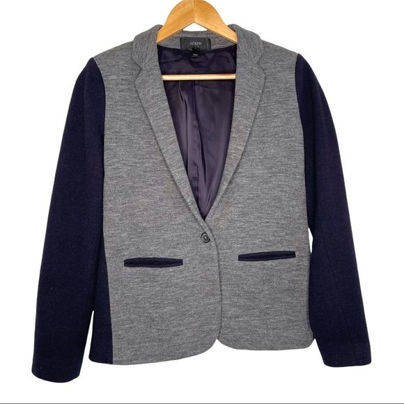 J Crew Women's Grey and Navy Wool Blend One Button Single Breasted Blazer